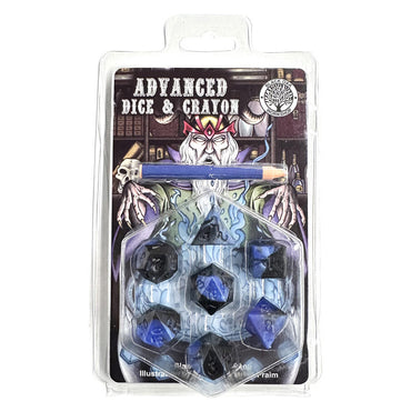 7-Set Advanced Dice & Crayon Set: Black Blue Swirl