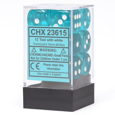 d6 Cube 16mm Translucent Teal with White (12)