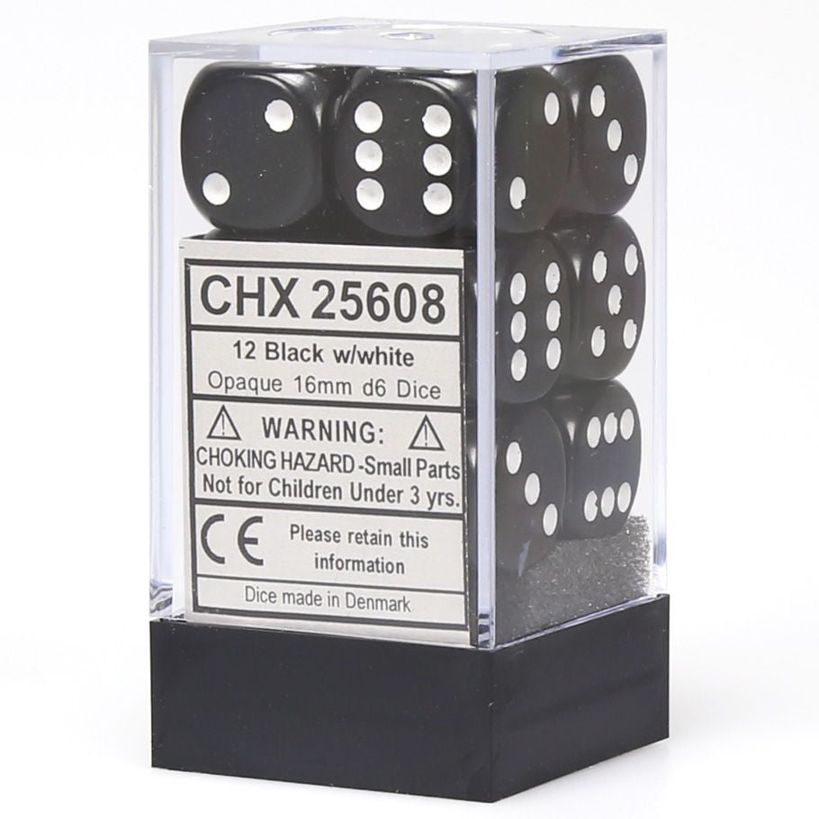 d6 Cube 16mm Opaque Black with White (12)