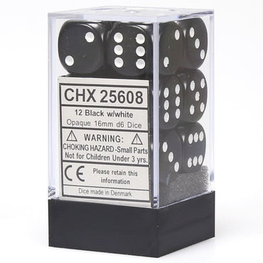 d6 Cube 16mm Opaque Black with White (12)