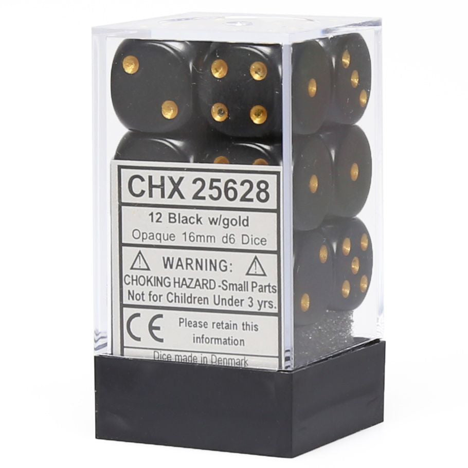d6 Cube 16mm Opaque Black with Gold (12)