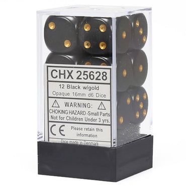 d6 Cube 16mm Opaque Black with Gold (12)