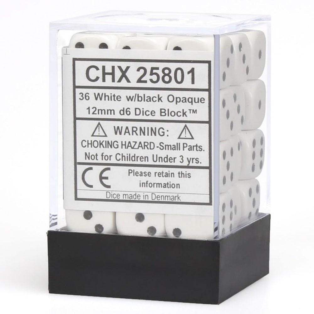d6 Cube 12mm Opaque White with Black (36)