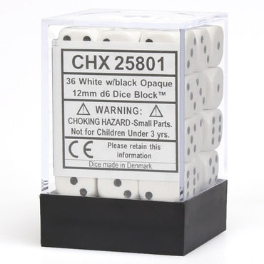 d6 Cube 12mm Opaque White with Black (36)