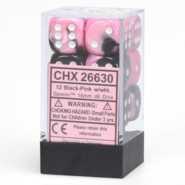 d6 Cube 16mm Gemini Black and Pink with White (12)