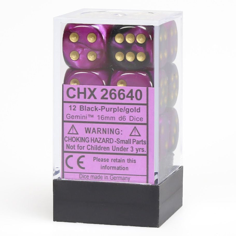 d6 Cube 16mm Gemini Black and Purple with Gold (12)