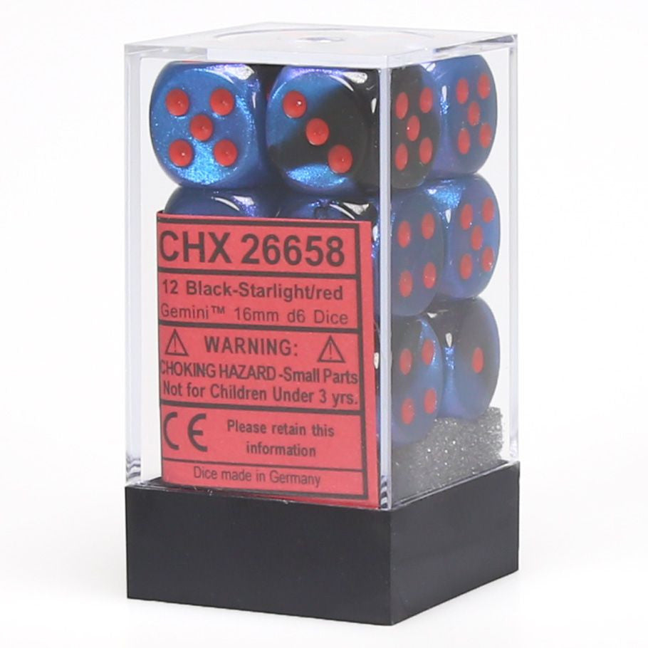 d6 Cube 16mm Gemini Black Starlight with Red (12)