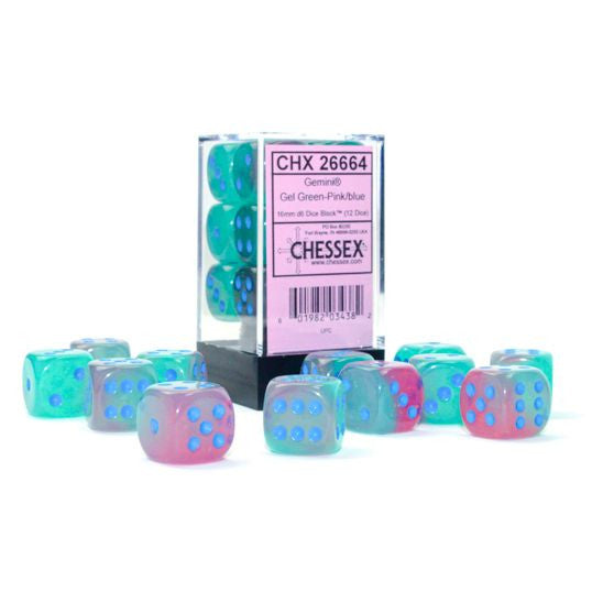 d6 Cube 16mm Gemini Luminary Gel Green-Pink with Blue (12)