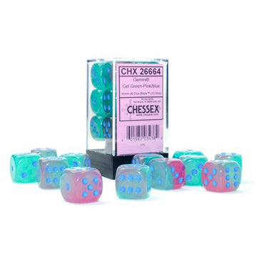 d6 Cube 16mm Gemini Luminary Gel Green-Pink with Blue (12)