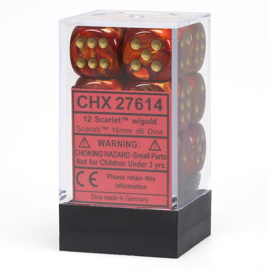 d6 Cube 16mm Scarab Scarlet with Gold (12)