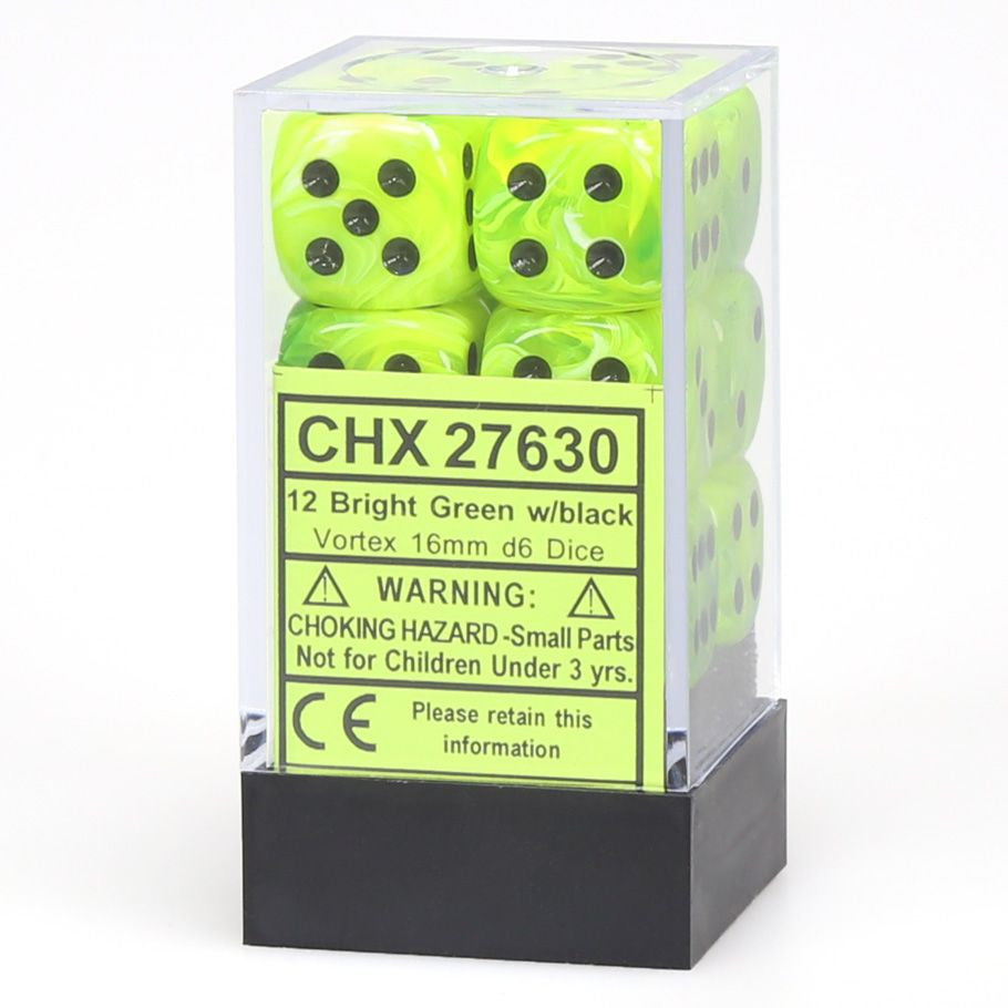 d6 Cube 16mm Vortex Bright Green with Black (12)