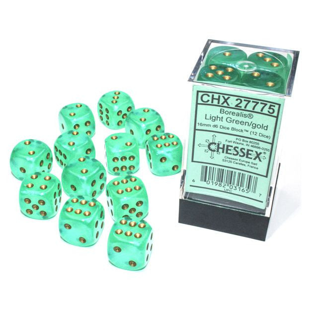 d6 Cube 16mm Borealis Luminary Light Green with Gold (12)