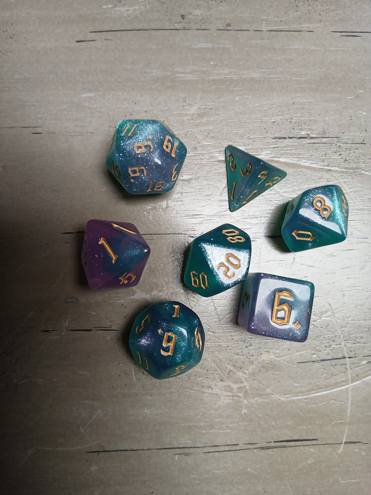 Turqouise Purple Shimmer w/Gold RPG Dice