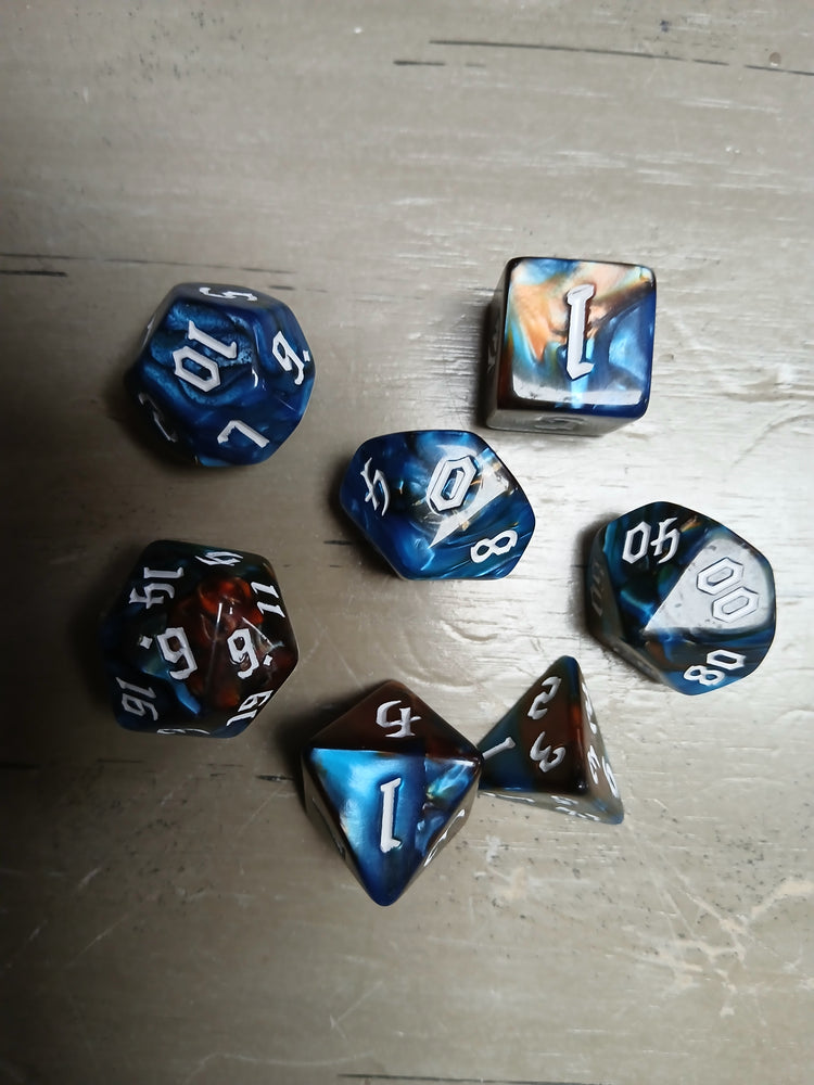 Orange/Blue Marble w/White RPG Dice