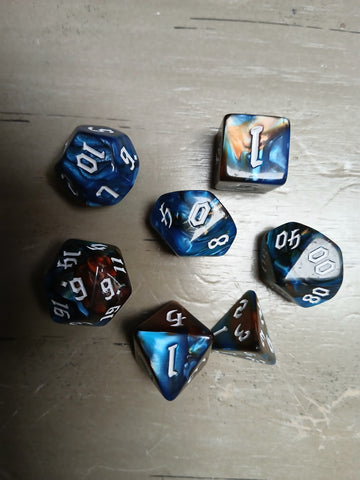 Orange/Blue Marble w/White RPG Dice