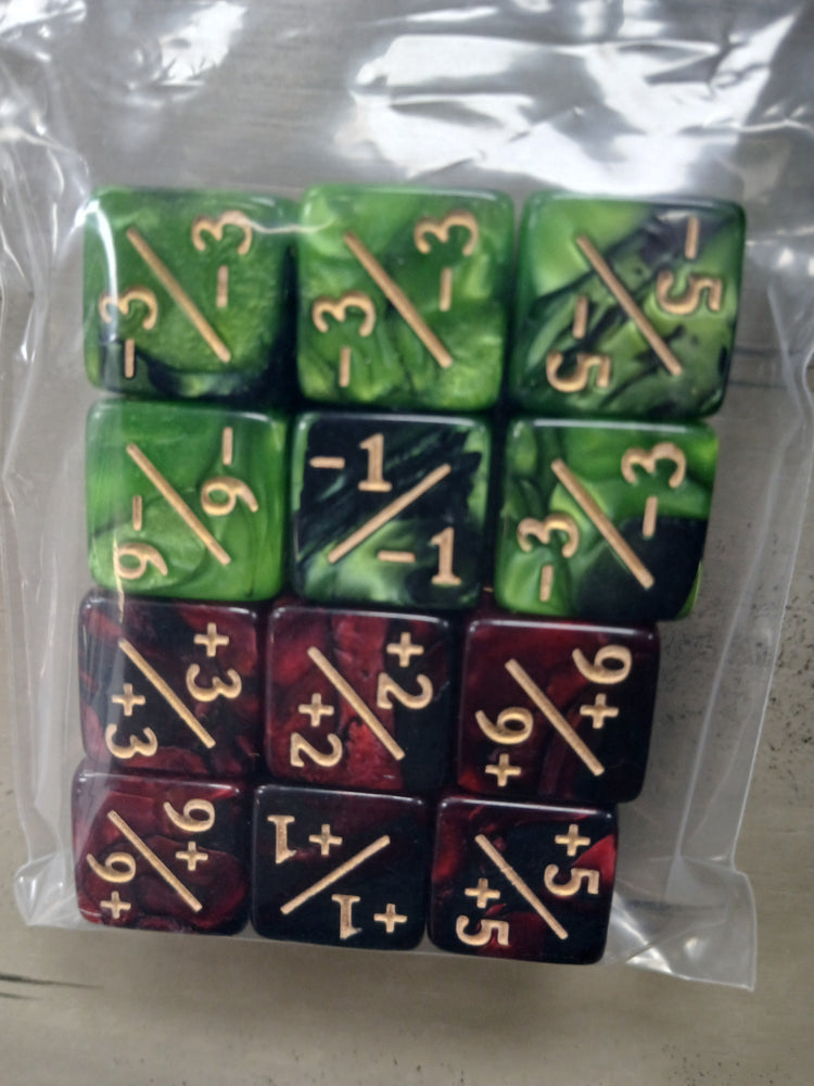 16mm 12ct Counter Dice Set - Green/Black & Red/Black