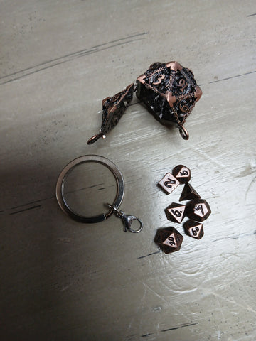 Bronze Mini Dice w/Copper d20 Storage Keychain