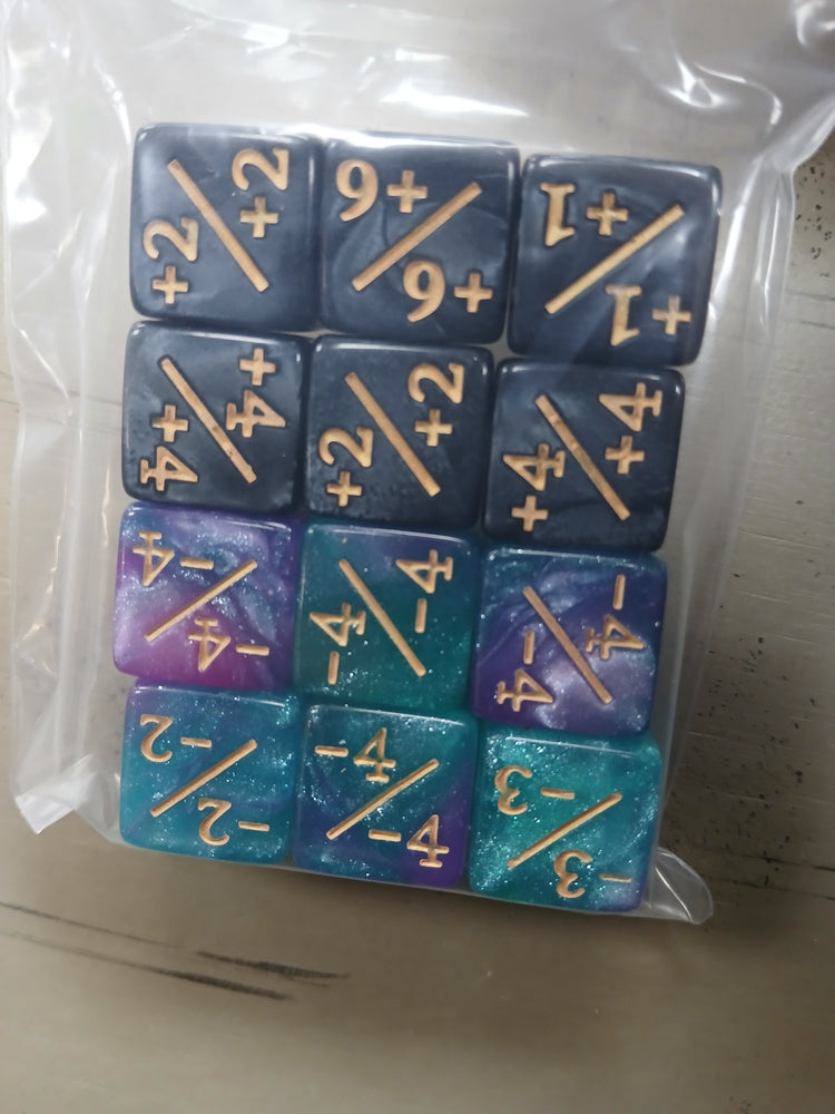 16mm 12ct Counter Dice Set - Black Marble & Turquoise/Lilac