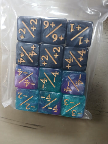 16mm 12ct Counter Dice Set - Black Marble & Turquoise/Lilac